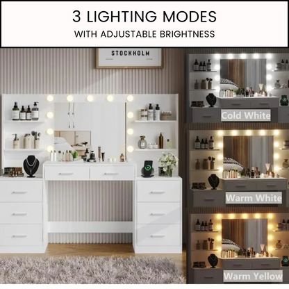 Vanity Desk with LED Mirror, Charging Station, and Storage Cabinet - LP Replenish