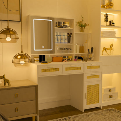 White Vanity Desk with LED Mirror, Storage, and Charging Station - LP Replenish
