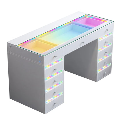 VanitiBar Solara | RGB Glam Vanity Desk with Glass Top and Storage