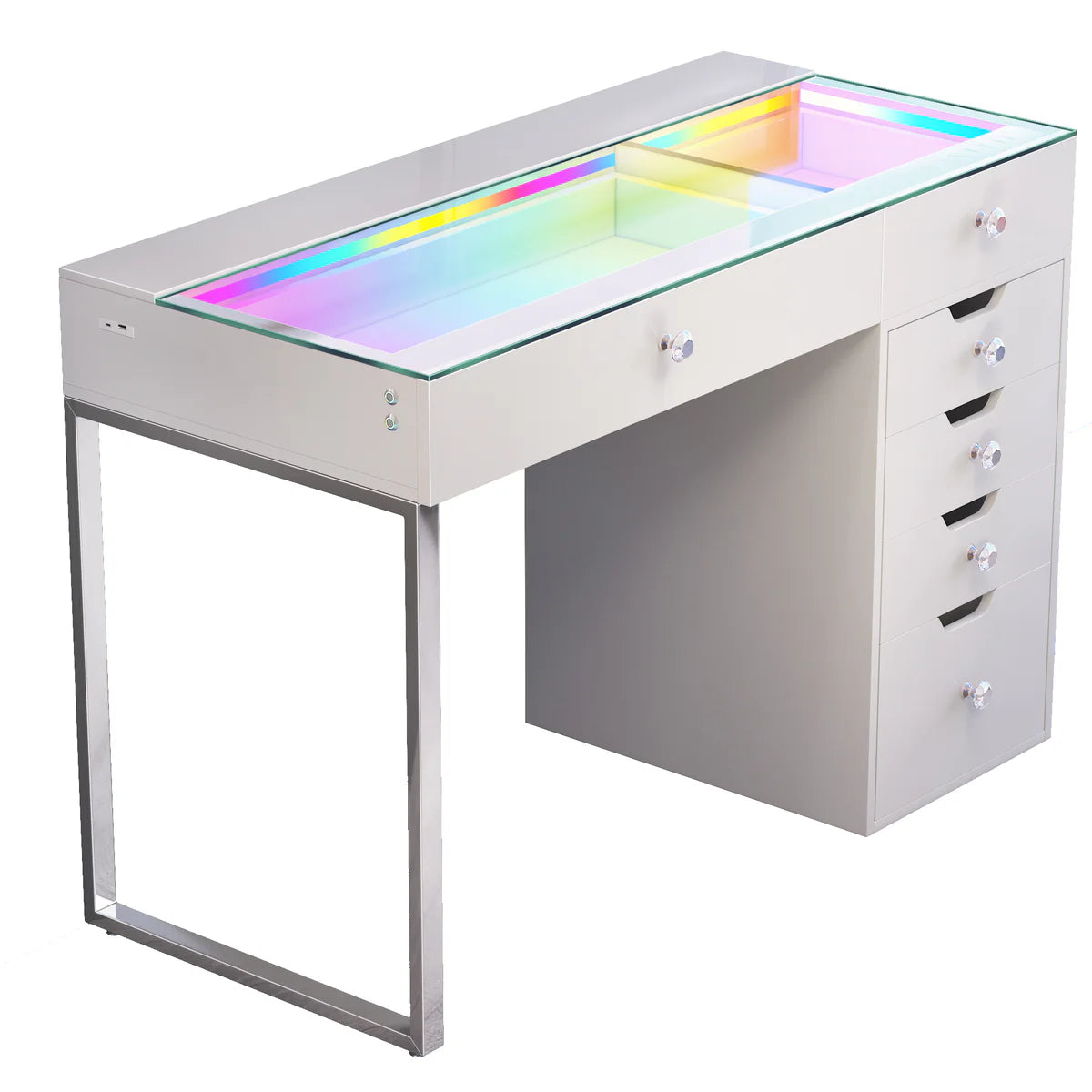 VanitiBar Halo | Glass Top Vanity Desk, Diamond Knobs & Storage