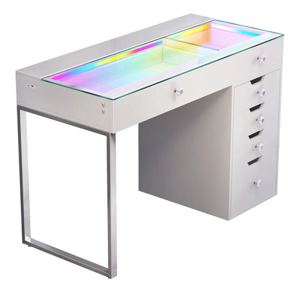 VanitiBar Halo | Glass Top Vanity Desk, Diamond Knobs & Storage