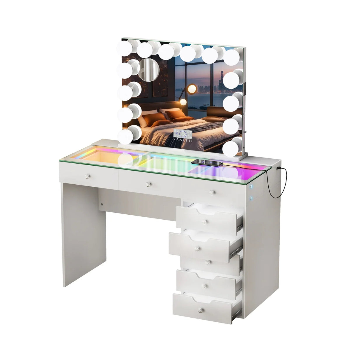 VanitiSet Pixie Gleam | 8 Drawer Desk with Lighted Drawers & 14 Bulb Mirror