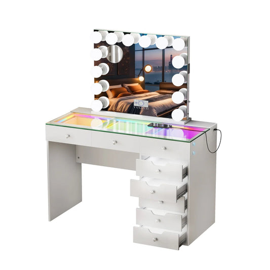 VanitiSet Pixie Gleam | 8 Drawer Desk with Lighted Drawers & 14 Bulb Mirror
