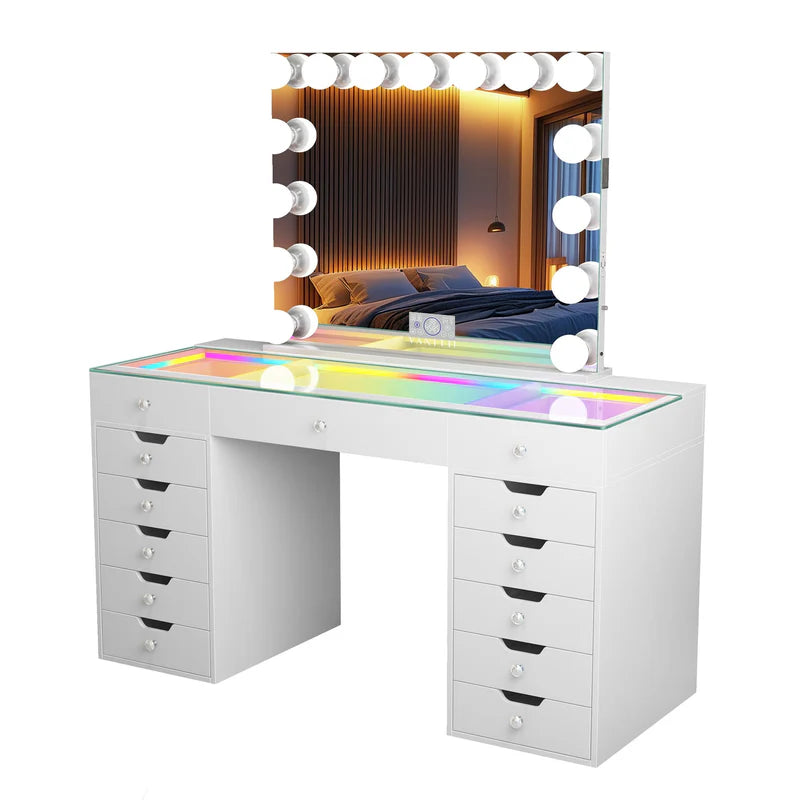 VanitiSet Pro Ultimate | 59" Glass Top Vanity Set with 15-Bulb Hollywood Mirror, 13 Drawers, RGB Lights & Swivel Chair