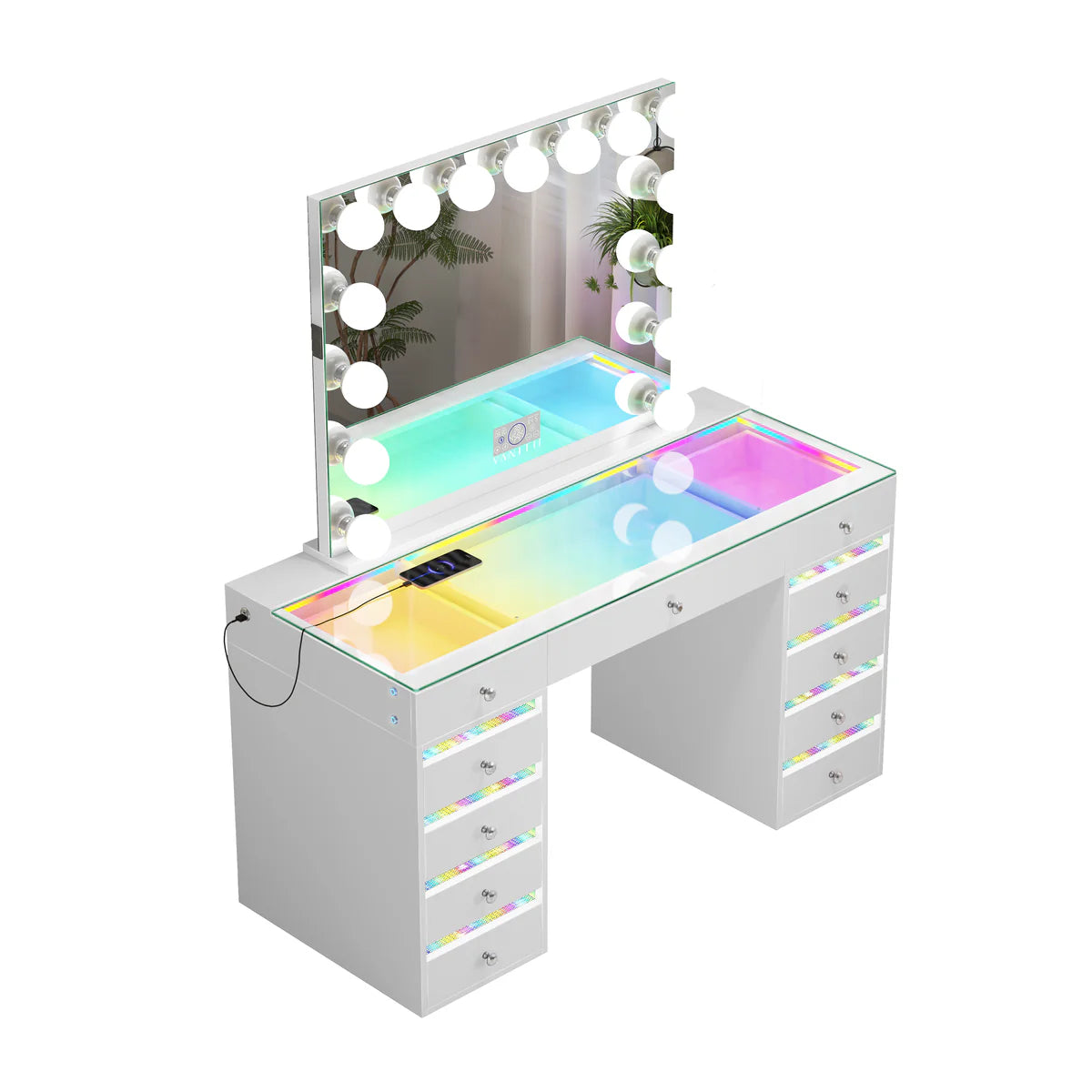 VanitiSet Solara | Modern Vanity Desk With Mirror, RGB Lights & Glass Top Storage