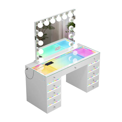 VanitiSet Solara | Modern Vanity Desk With Mirror, RGB Lights & Glass Top Storage