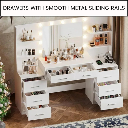 Vanity Desk with LED Mirror, Charging Station, and Storage Cabinet - LP Replenish