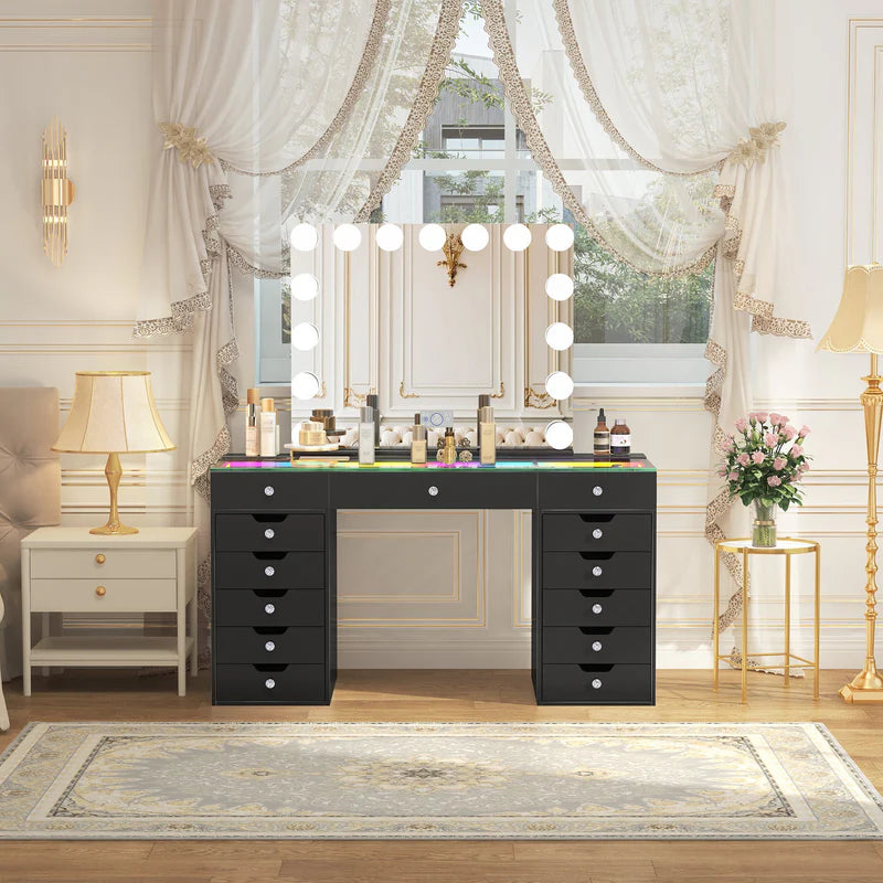 VanitiSet Pro Ultimate | 59" Glass Top Vanity Set with 15-Bulb Hollywood Mirror, 13 Drawers, RGB Lights & Swivel Chair