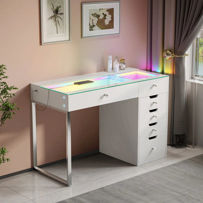 VanitiBar Halo | Glass Top Vanity Desk, Diamond Knobs & Storage
