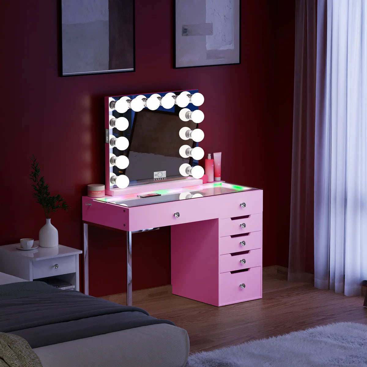 VanitiSet Halo | 47 Inch Vanity Mirror and Desk Set, RGB LED Glass, Pink, White & Black