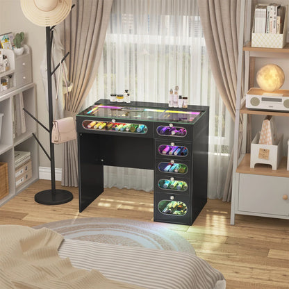 VanitiBar Nova Circle | 36 Inch Desk with 6 Glass-Front Drawers & RGB Lights