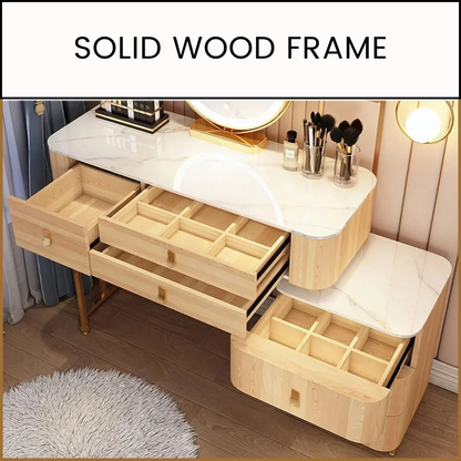 Modern Makeup Vanity with LED Mirror, 6 Drawers, Rock Slab Countertop, and Storage Chair - LP Replenish