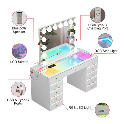 VanitiSet Solara | Modern Vanity Desk With Mirror, RGB Lights & Glass Top Storage