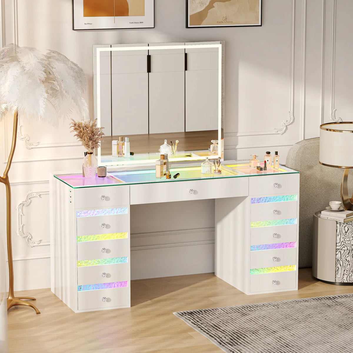 VanitiSet Lyra | Makeup Vanity with Outlet, RGB Light, Rippled Drawers & 3-Tone LED Mirror