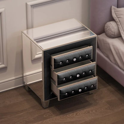 Velvet Bedside Table with 3 Drawers and Crystal Handles - LP Replenish