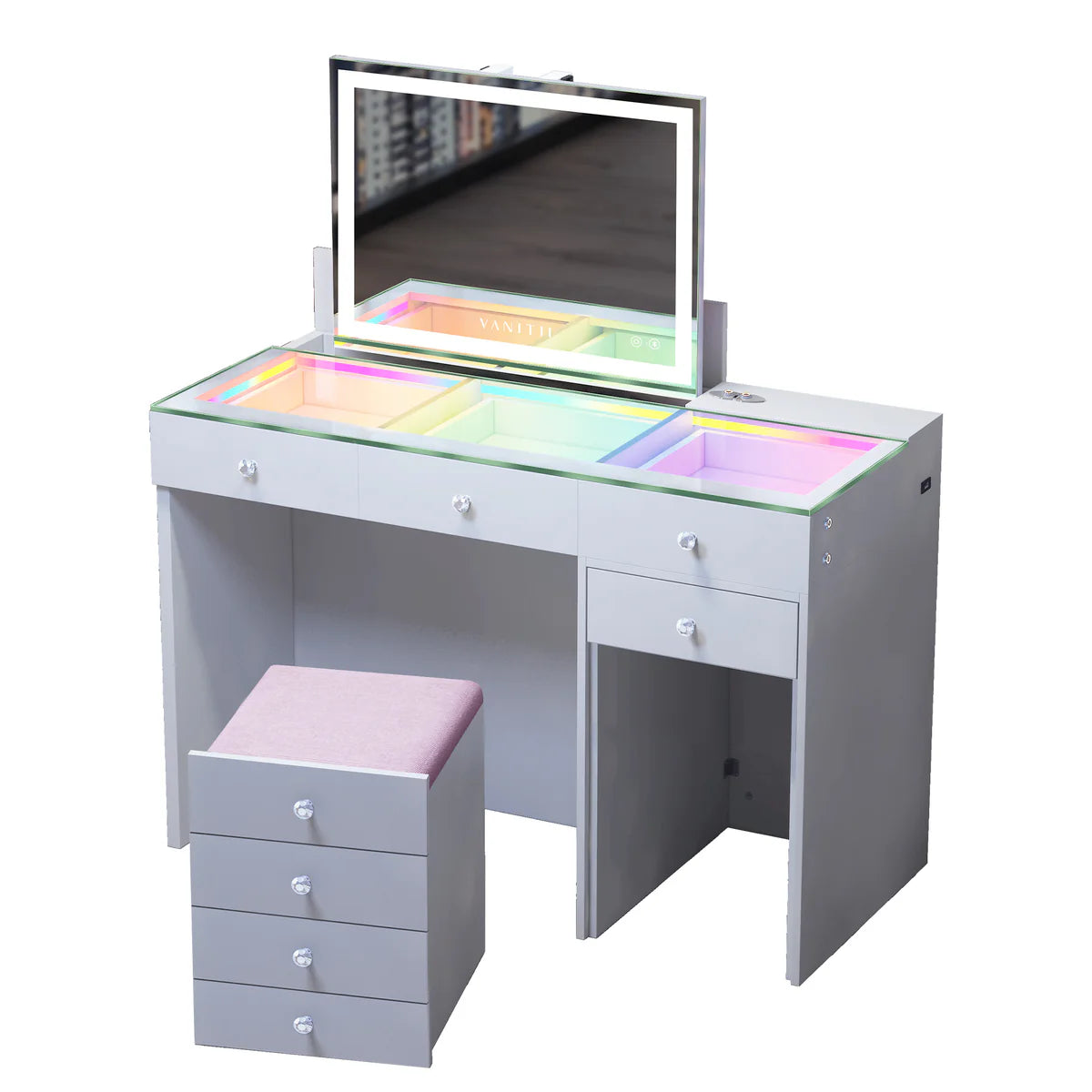 VanitiSet Reveal | Lift-Top LED Mirror, RGB Glass Top Vanity Desk, Hidden Stool, White