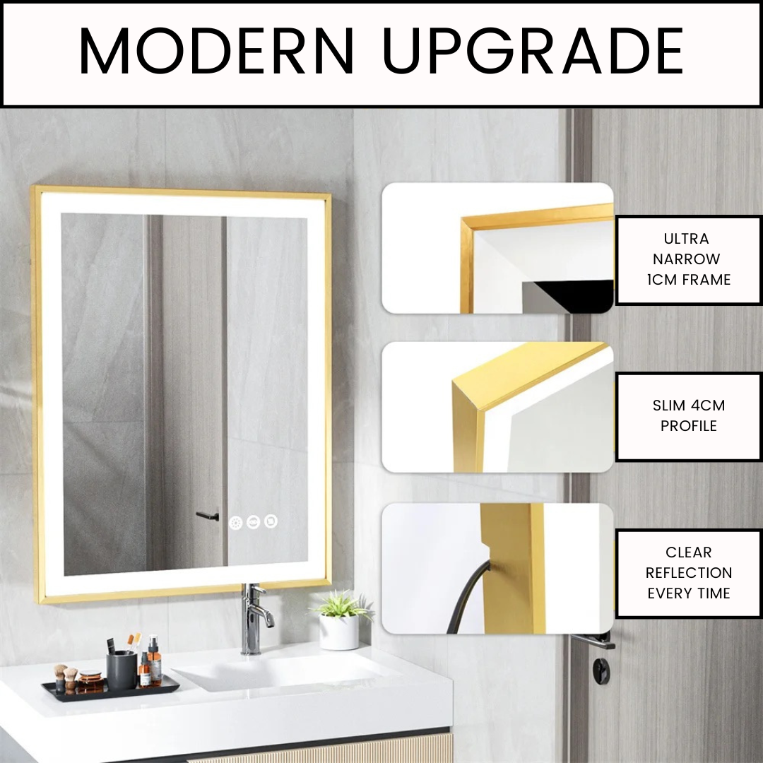 Gold Frame LED Bathroom Mirror with Dimmable Lights and Anti-Fog