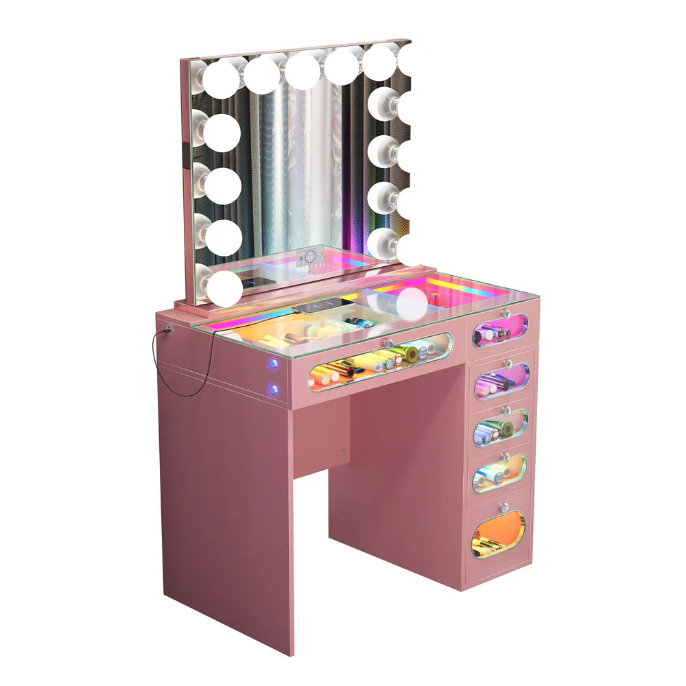 VanitiSet Nova Circle | LED Vanity Desk and Hollywood Bluetooth Mirror Set