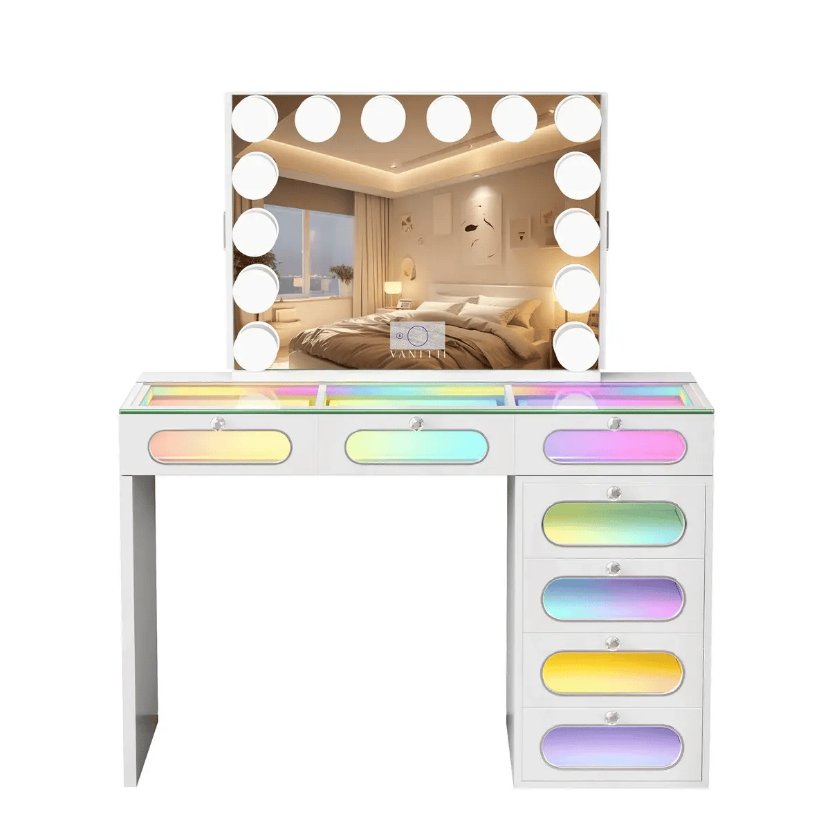 VanitiSet Halo Circle | LED Vanity Desk and Hollywood Bluetooth Mirror Set