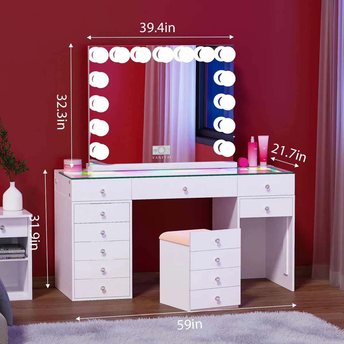 VanitiSet Merge | Vanity Desk with Hidden Stool, 12 Drawers & LED Mirror
