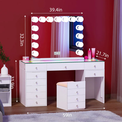 VanitiSet Merge | Vanity Desk with Hidden Stool, 12 Drawers & LED Mirror