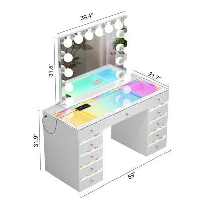VanitiSet Solara | Modern Vanity Desk With Mirror, RGB Lights & Glass Top Storage