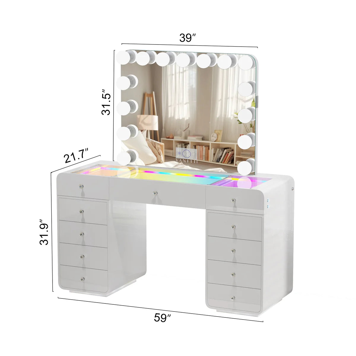 VanitiSet Luma Arc | Modern Glam Vanity Desk with Hollywood Mirror and Storage