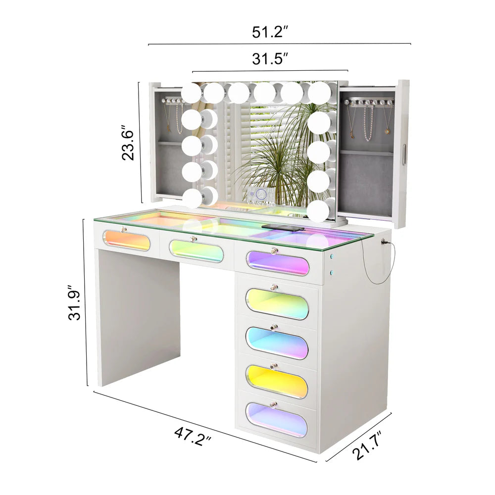 VanitiSet Halo Circle | LED Vanity Desk and Hollywood Bluetooth Mirror Set