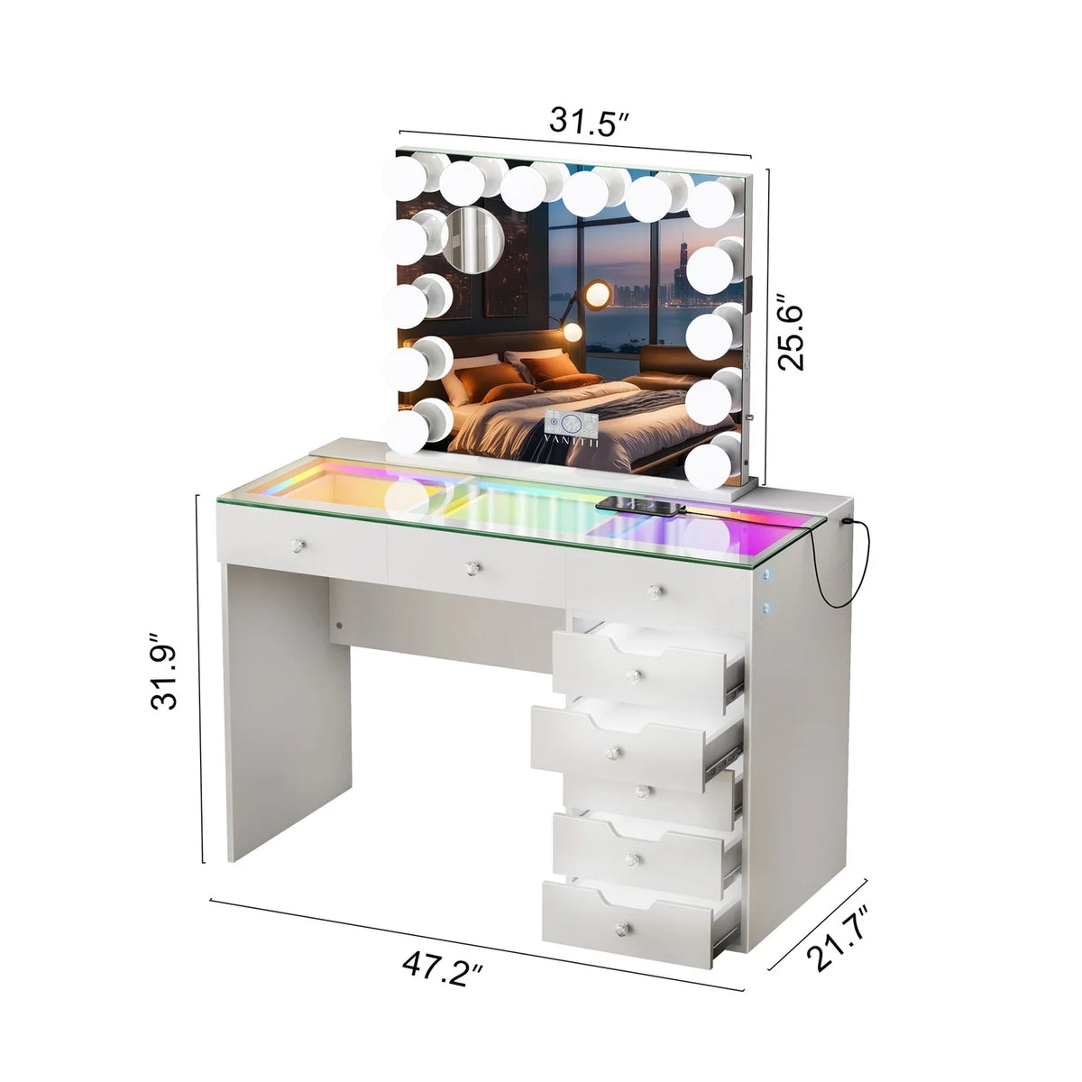 VanitiSet Pixie Gleam | 8 Drawer Desk with Lighted Drawers & 14 Bulb Mirror