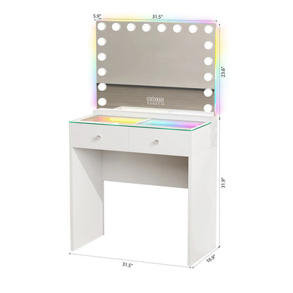 VanitiSet Mira | 2 Drawer Desk & 18 Bulb RGB Bluetooth Mirror Set