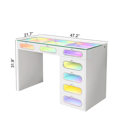 VanitiBar Halo Circle | 47 Inch Vanity with 7 Glass-Front Drawers, Crystal Handles & RGB Lights