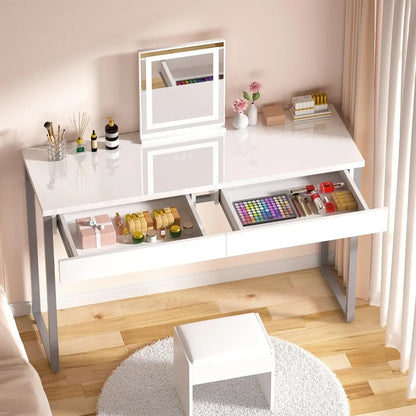 Modern Makeup Vanity Table with 2 Glossy Drawers and Adjustable Metal Legs - LP Replenish