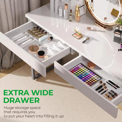 Modern Makeup Vanity Table with 2 Glossy Drawers and Adjustable Metal Legs - LP Replenish
