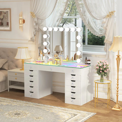 VanitiSet Pro Ultimate | 59" Glass Top Vanity Set with 15-Bulb Hollywood Mirror, 13 Drawers, RGB Lights & Swivel Chair