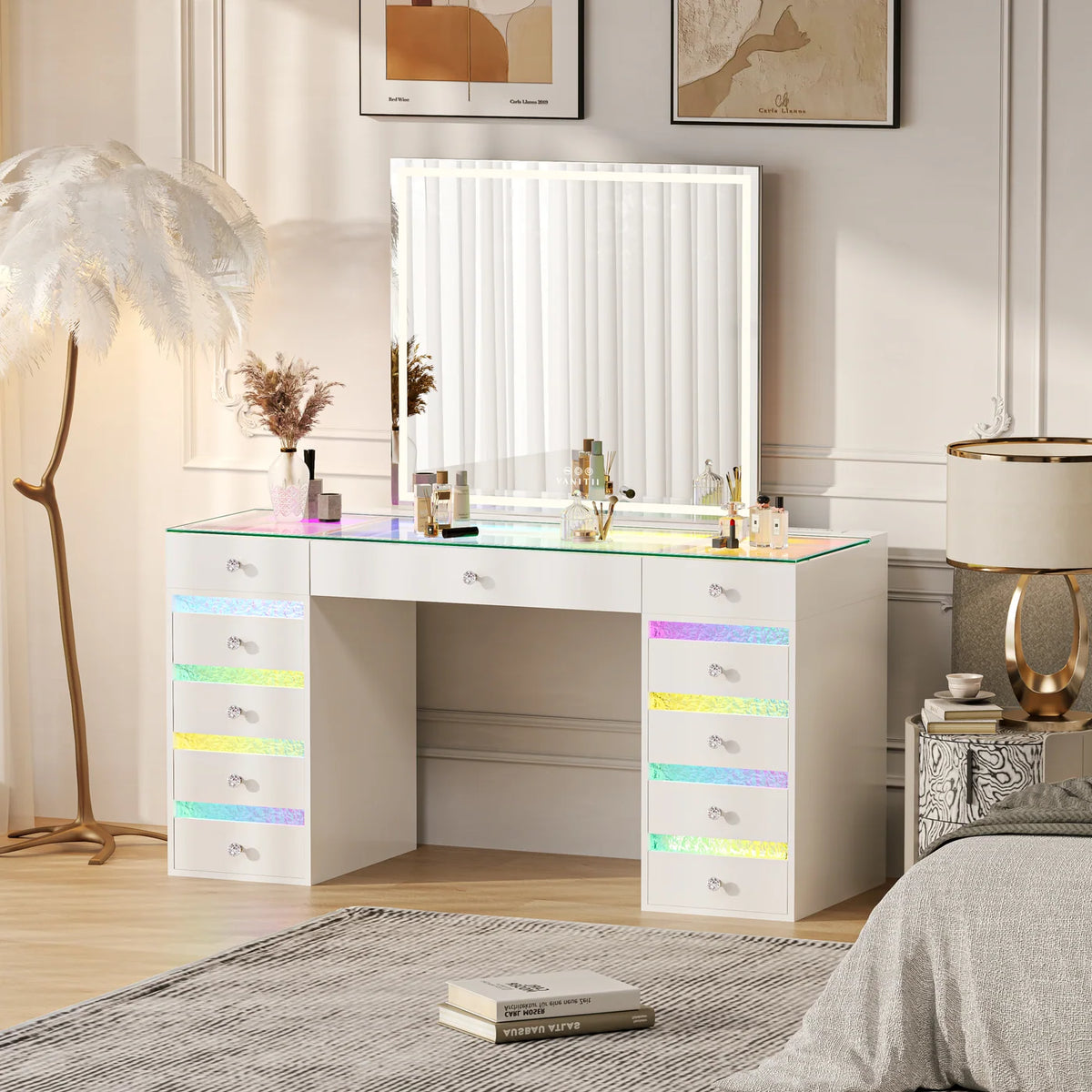 VanitiSet Lyra | Makeup Vanity with Outlet, RGB Light, Rippled Drawers & 3-Tone LED Mirror