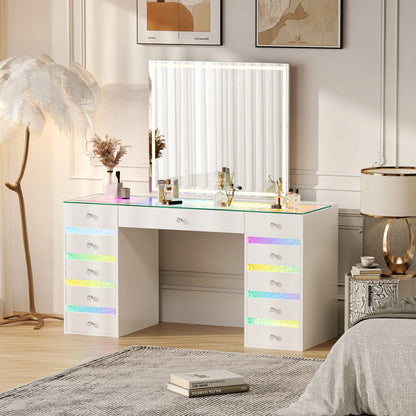 VanitiSet Lyra | Makeup Vanity with Outlet, RGB Light, Rippled Drawers & 3-Tone LED Mirror