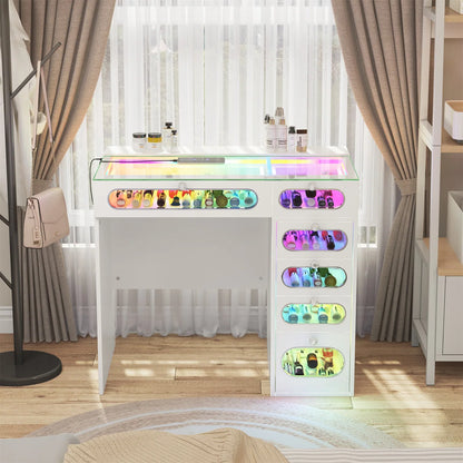 VanitiBar Nova Circle | 36 Inch Desk with 6 Glass-Front Drawers & RGB Lights