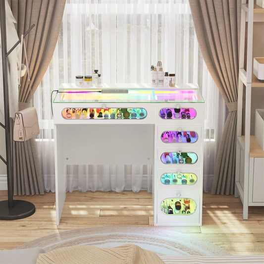 VanitiBar Nova Circle | 36 Inch Desk with 6 Glass-Front Drawers & RGB Lights