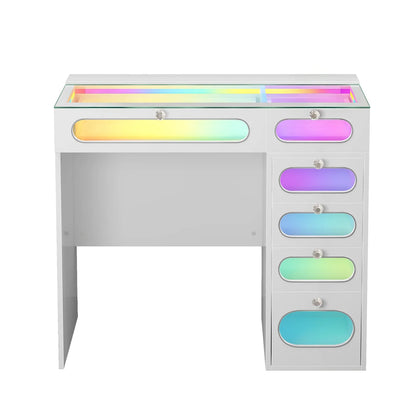 VanitiBar Nova Circle | 36 Inch Desk with 6 Glass-Front Drawers & RGB Lights