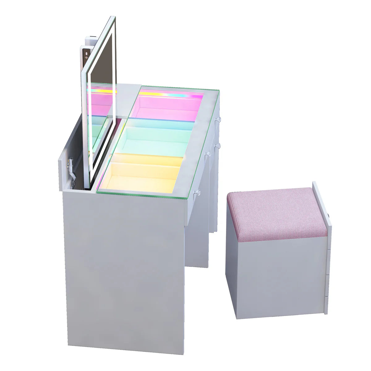 VanitiSet Reveal | Lift-Top LED Mirror, RGB Glass Top Vanity Desk, Hidden Stool, White