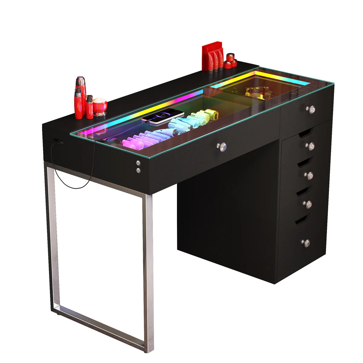 VanitiBar Halo | Glass Top Vanity Desk, Diamond Knobs & Storage
