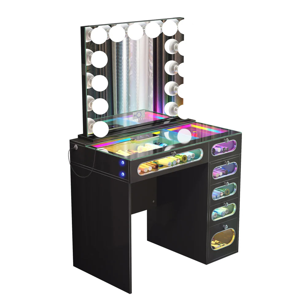 VanitiSet Nova Circle | LED Vanity Desk and Hollywood Bluetooth Mirror Set