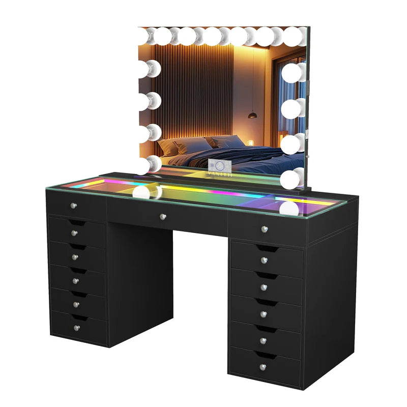 VanitiSet Pro Ultimate | 59" Glass Top Vanity Set with 15-Bulb Hollywood Mirror, 13 Drawers, RGB Lights & Swivel Chair