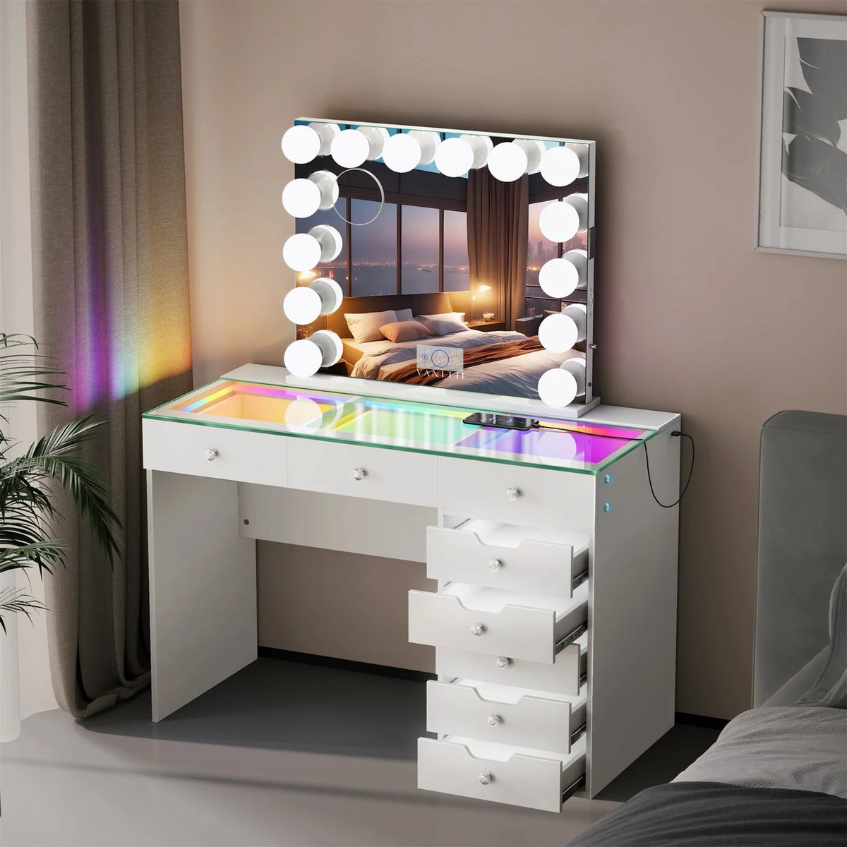 VanitiSet Pixie Gleam | 8 Drawer Desk with Lighted Drawers & 14 Bulb Mirror