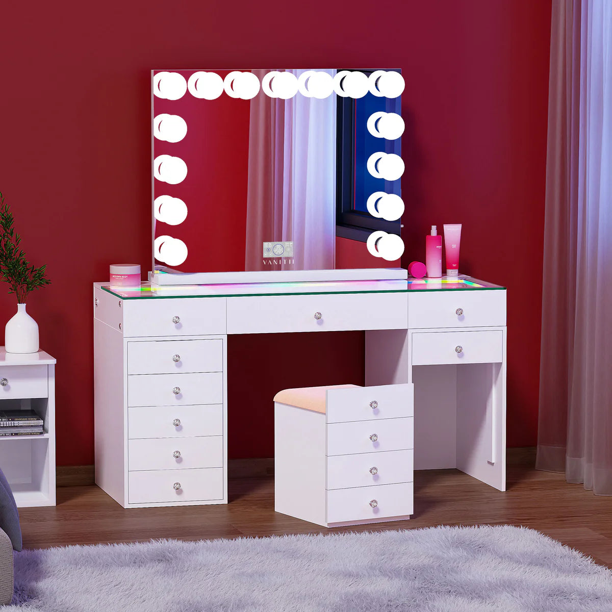 VanitiSet Merge | Vanity Desk with Hidden Stool, 12 Drawers & LED Mirror