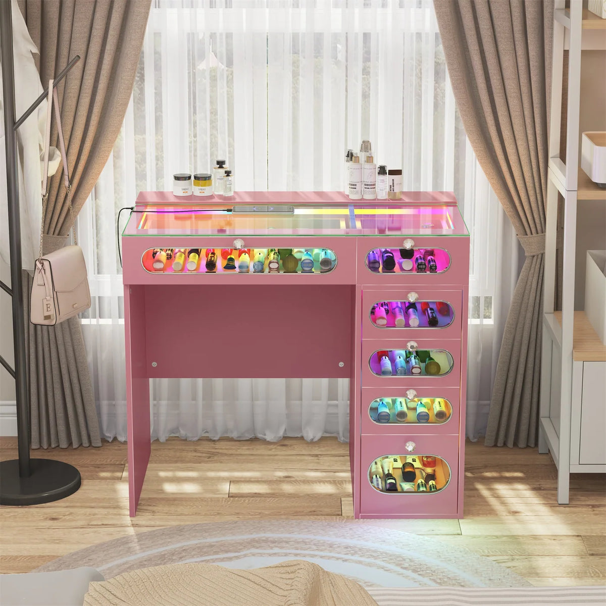VanitiBar Nova Circle | 36 Inch Desk with 6 Glass-Front Drawers & RGB Lights