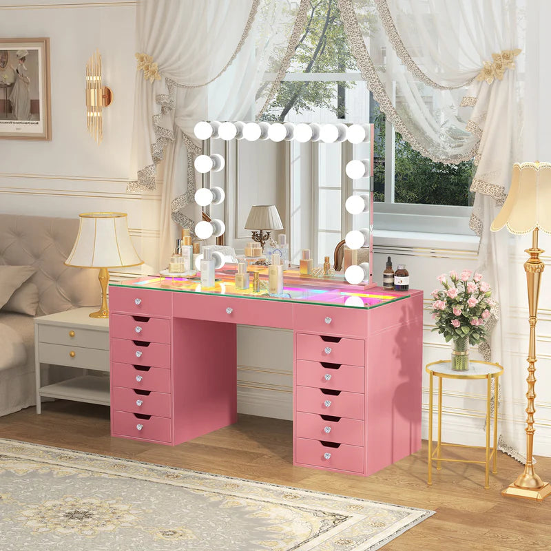 VanitiSet Pro Ultimate | 59" Glass Top Vanity Set with 15-Bulb Hollywood Mirror, 13 Drawers, RGB Lights & Swivel Chair