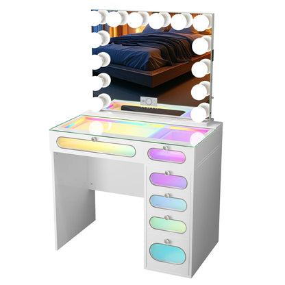 VanitiSet Nova Circle | LED Vanity Desk and Hollywood Bluetooth Mirror Set