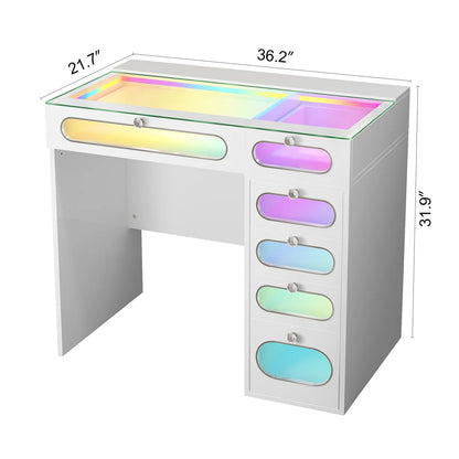 VanitiBar Nova Circle | 36 Inch Desk with 6 Glass-Front Drawers & RGB Lights