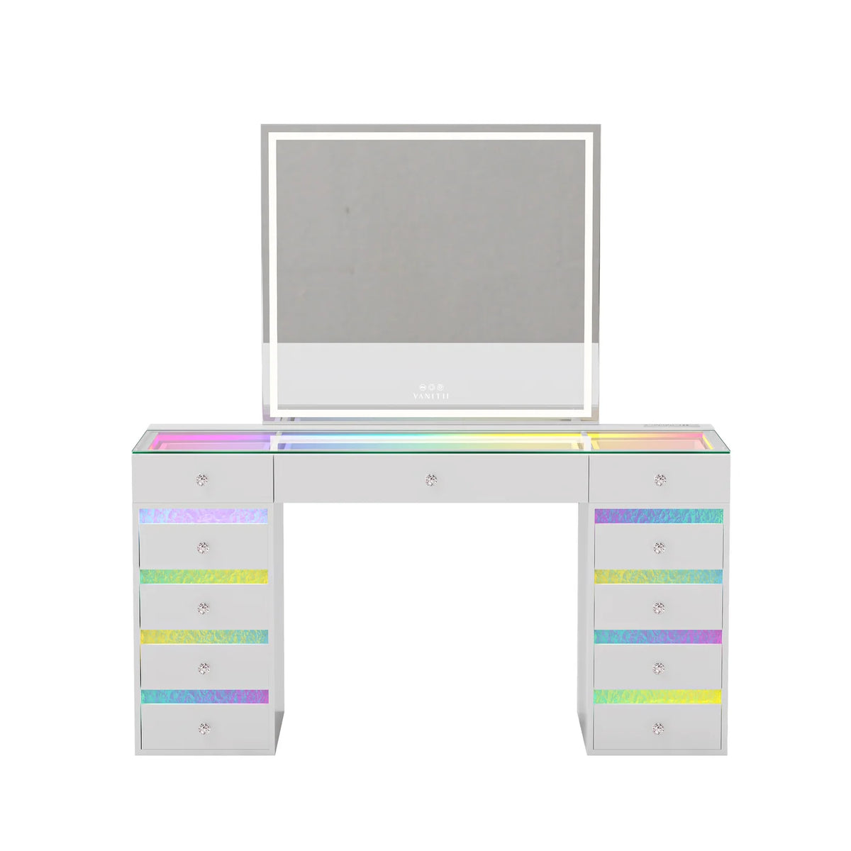 VanitiSet Lyra | Makeup Vanity with Outlet, RGB Light, Rippled Drawers & 3-Tone LED Mirror